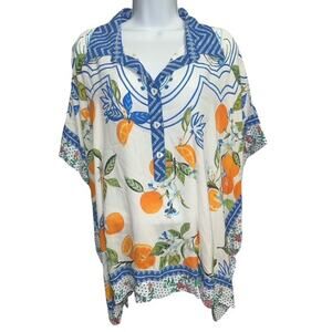 John Mark Plus 0X/1X Top BOHO Blue Collar 1/2 Button Orange Fruit Dolman Sleeves
